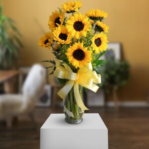 Yellow Sunflower With Aqua Vase