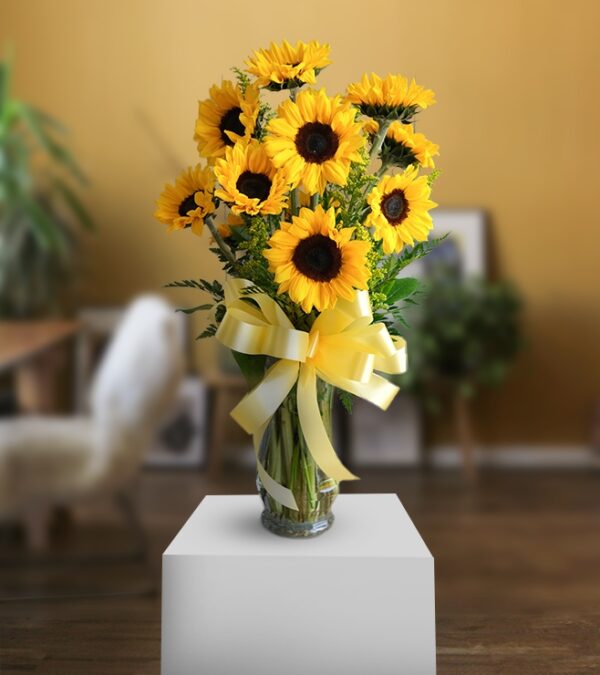 Yellow Sunflower With Aqua Vase