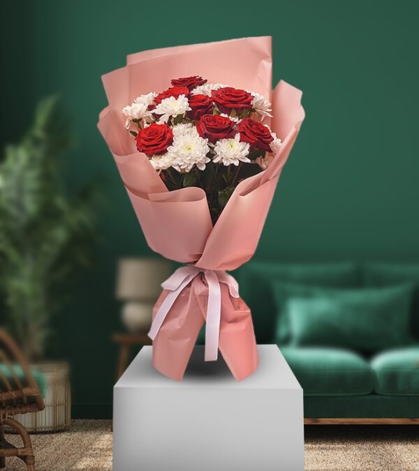 Pure White and Red Chrysanthemum Bouquet