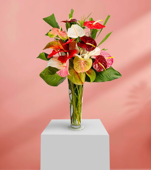 Whimsical Anthuriums With Flat Vase
