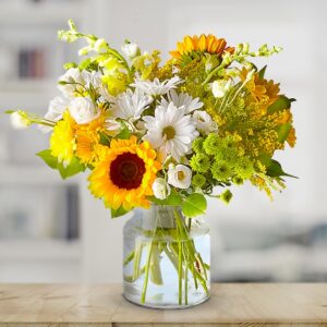 Yellow and White Daisies With Aqua Vase