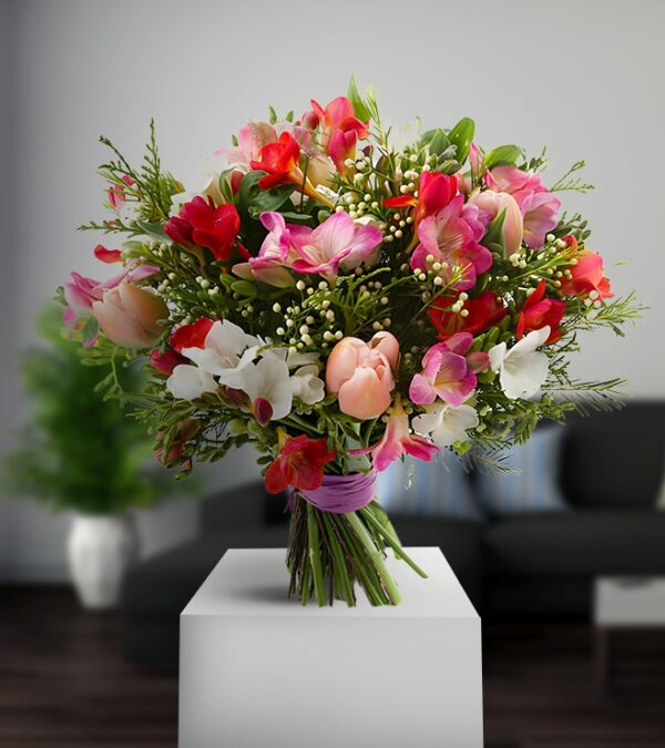More Red, Less White Freesias Bunch