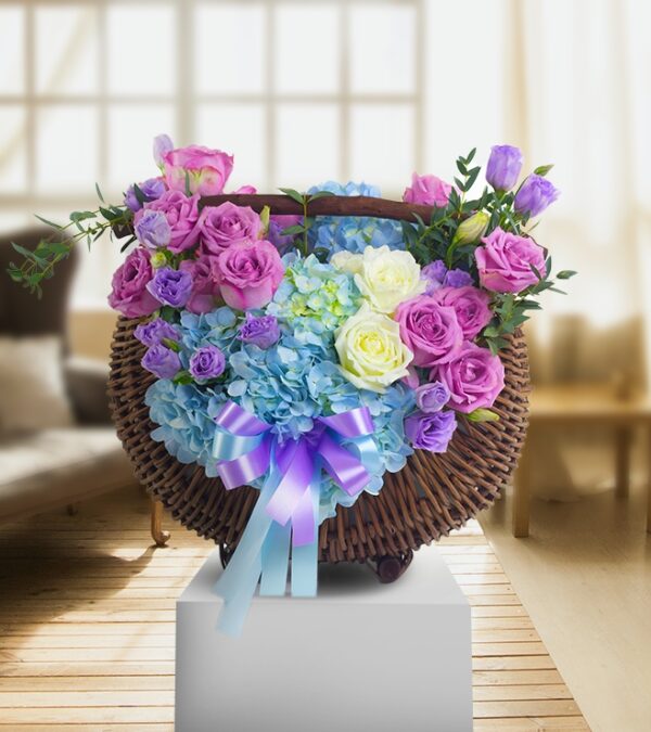 Pink and See Blue Hydrangea Basket