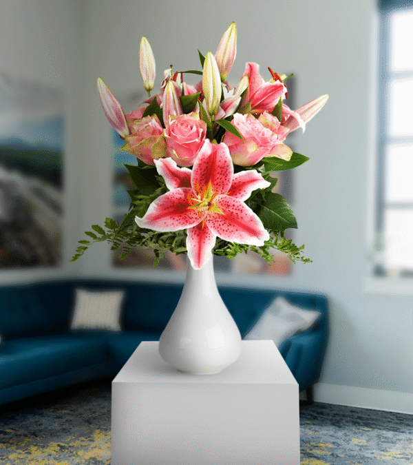 Bloom Pink Lilies With Vase