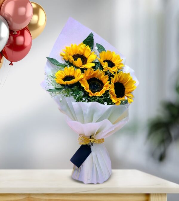 Yellow Sunflower With Green Leafs Decoration