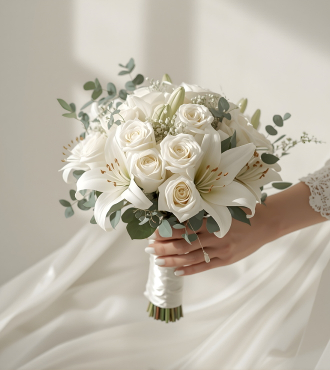 White Lilies & Roses Bridal Bouquet